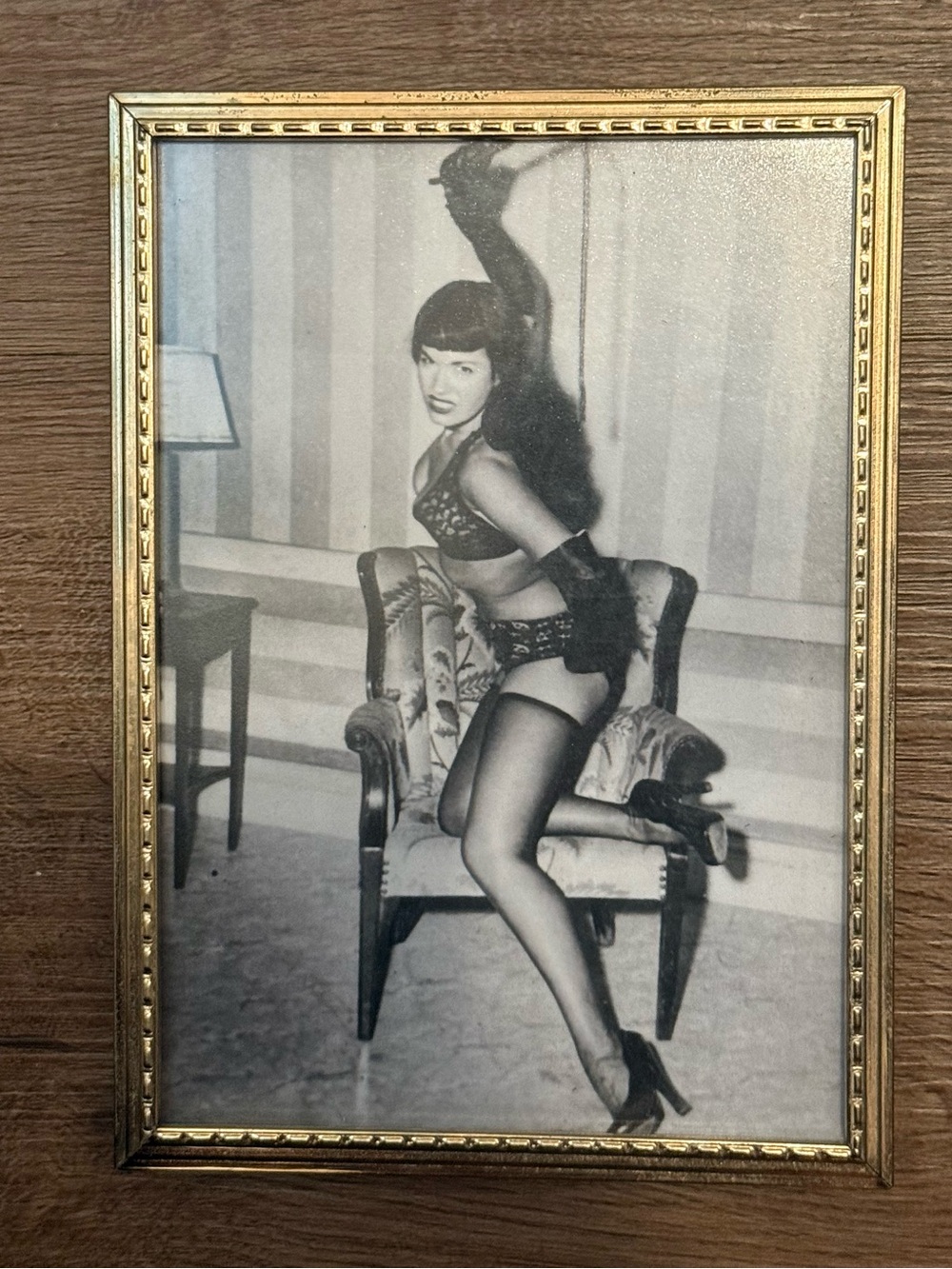 Vintage 5x7 MCM Gold Tone Frame with Bettie Page Pin-Up Photo